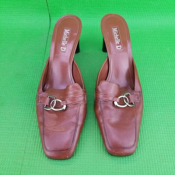 ✅Michelle D Brown Leather 3" Heeled Mules Womens 7.5M Slides D-Ring Strap Accent - Picture 5 of 13